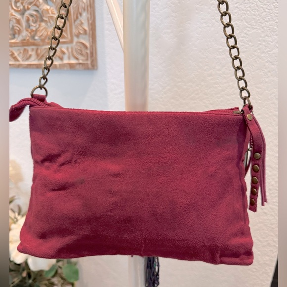 Chinese Laundry Fuchsia, Suede Leather, Chain Strap, Fringe Purse- 11”x8”x2.5” - Picture 14 of 16